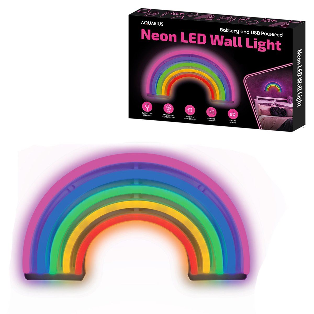 BATTERY OPERATED / USB POWERED NEON LED WALL LIGHT  30CM X 16CM- RAINBOW. AQN01