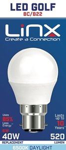 G45 GOLF OPAL B22 220-240V 6W 520LMS 6500K LED BULB. LX0008