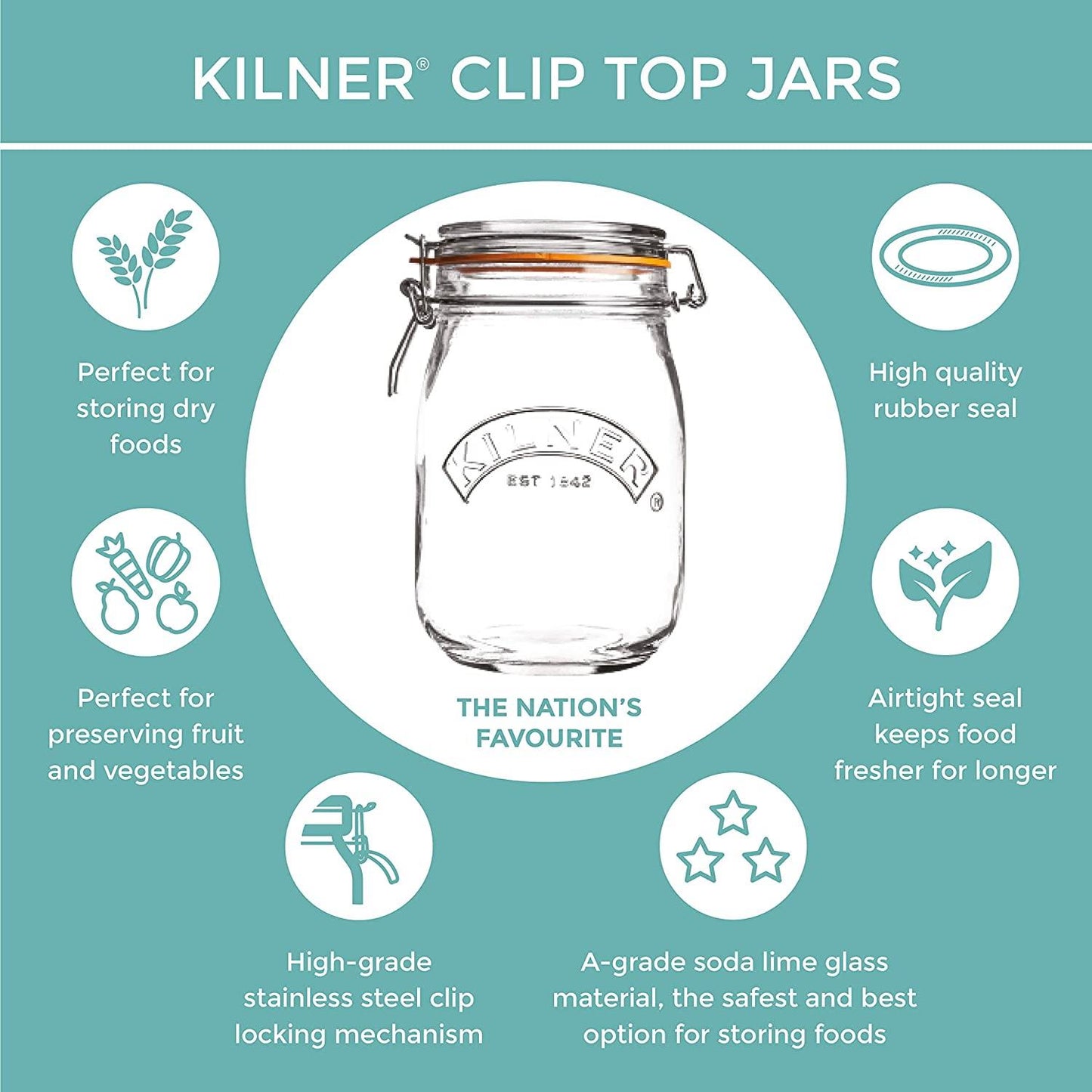 KILNER TRANSPARENT ROUND CLIP TOP JAR 2 LITRE. 0025493