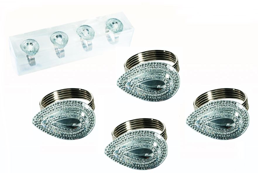 SET OF 4 SILVER PLATED NAPKIN HOLDER WITH CLEAR ACRYLIC STONES DROPLET. 101143DROPLET \\\101143DROPLET