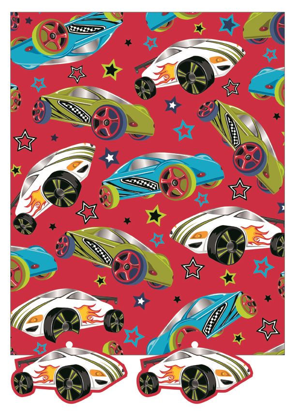2 SHEETS OF WRAP 2 GIFT TAGS CARS DESIGN \\\13197