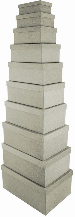 SET OF 10 GLITTER SILVER ENCLOSED NESTED RECTANGULAR OBLONG GIFT BOXES. 13329-BX \\\13329BX