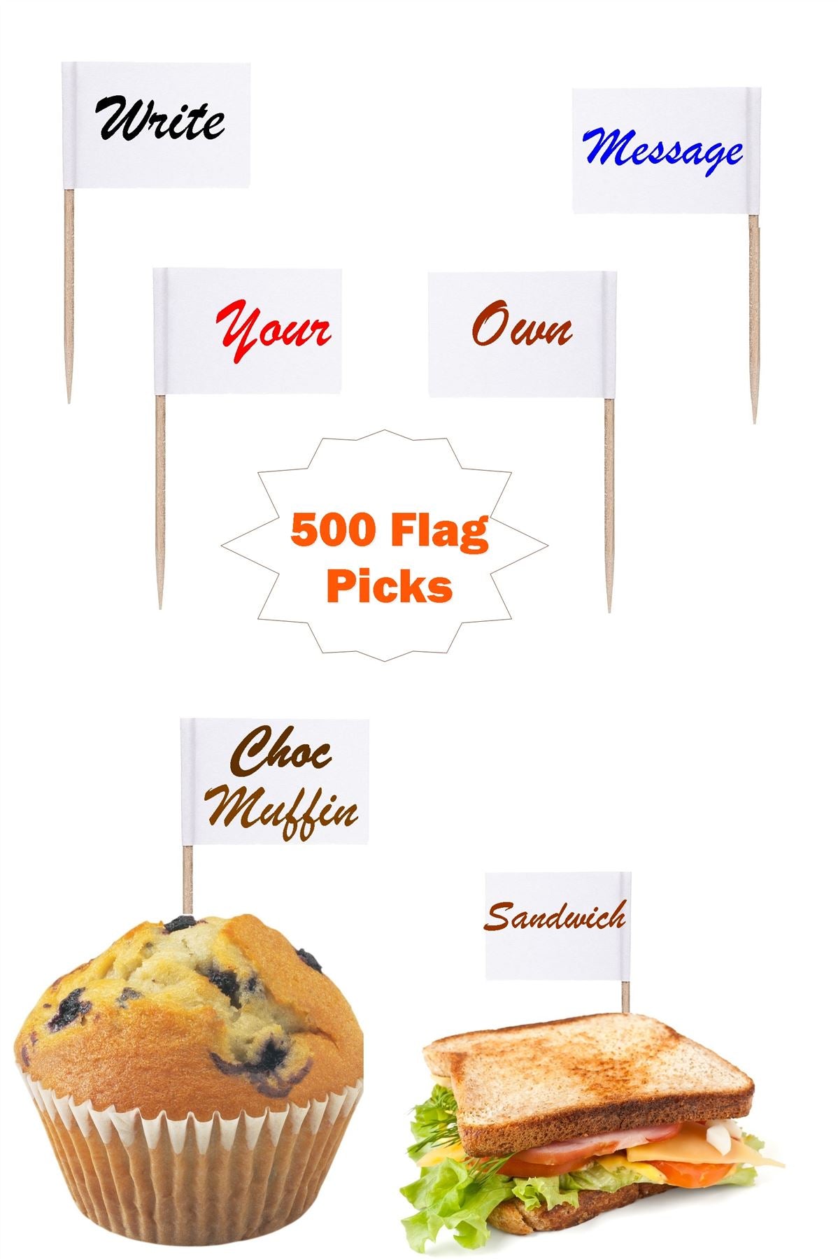 500 WHITE FLAG PICKS 8CM WRITE ON FLAG ON OWN MESSAGE. 16596 \\\16596
