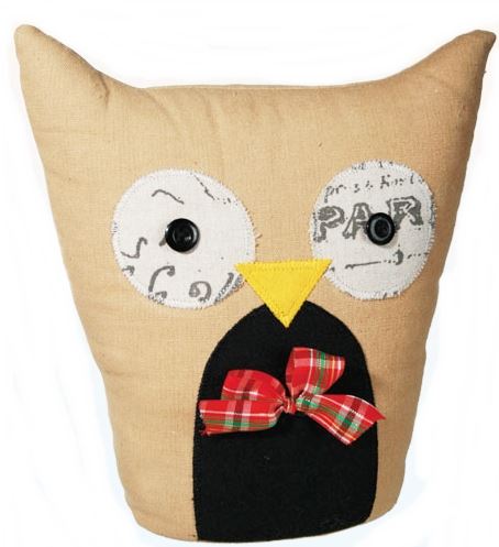OWL CREAM COLOURED FABRIC DOOR STOPPER 1KG WITH CHECKERED BOW. 190151 \\\190151