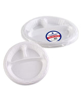 DISPOSABLE 3 COMPARTMENT ROUND PLASTIC PLATES 10.25" 6/PK. BV9839