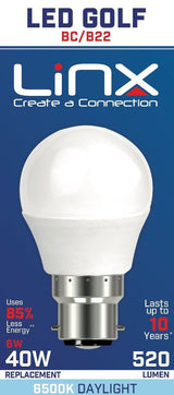 G45 GOLF OPAL B22 220-240V 6W 520LMS 6500K LED BULB. LX0008