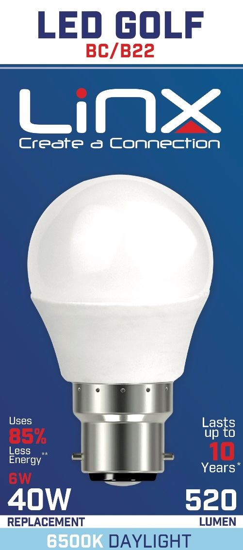 G45 GOLF OPAL B22 220-240V 6W 520LMS 6500K LED BULB. LX0008
