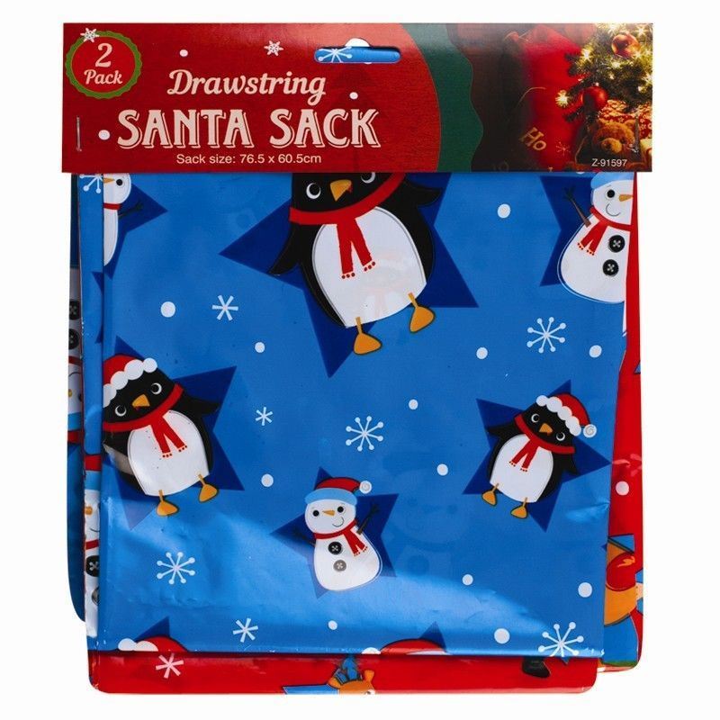 CHRISTMAS DRAWSTRING PLASTIC SANTA SACKS - 2 PACK. Z91597