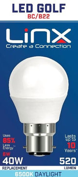 G45 GOLF OPAL B22 220-240V 6W 520LMS 6500K LED BULB. LX0008