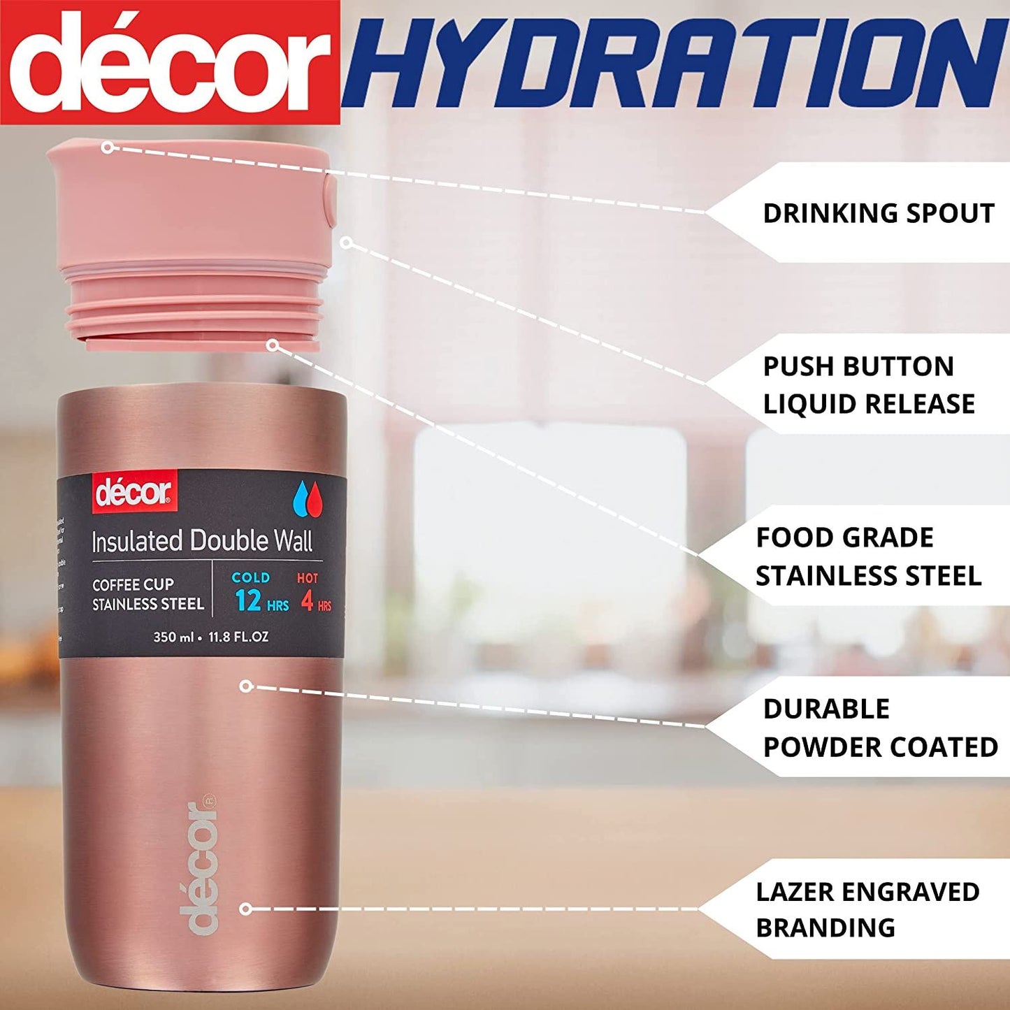 DECOR VACUUM INSULATED STAINLESS TRAVEL COFFEE CUP 350ML - ROSE GOLD. 265842-006
