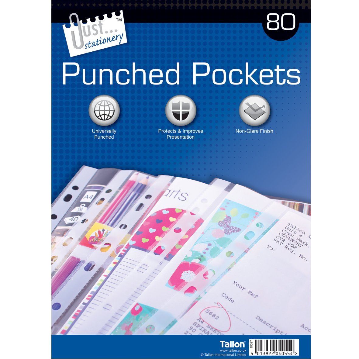 JUST STATIONERY 80 CLEAR PLASTIC PUNCHED POCKET. TA4055 \\\4055