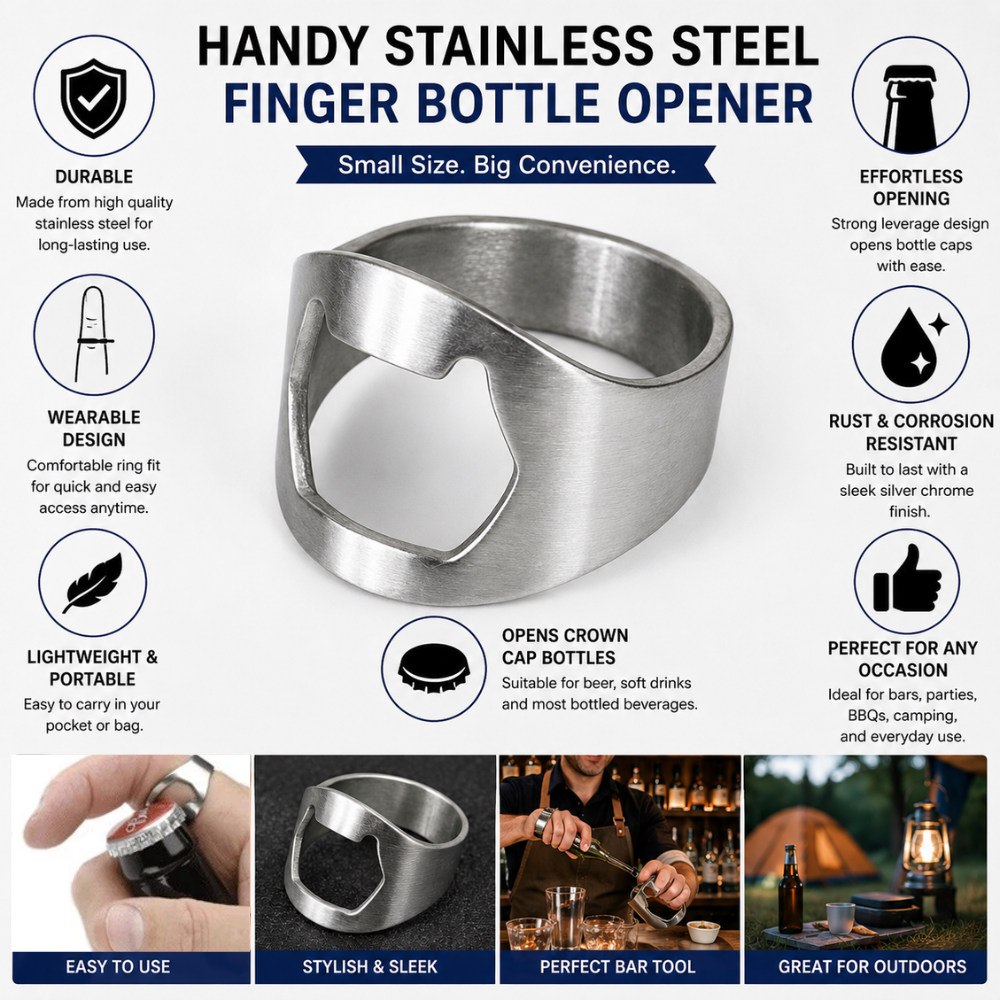 HANDY SILVER CHROME STAINLESS STEEL BAR FINGER BOTTLE OPENER. 79502922