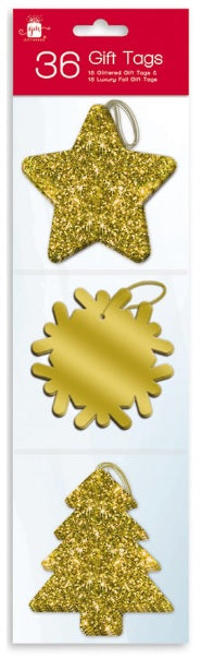 36 GOLD GLITTER / FOIL FINISH GIFT TAGS 3 DESIGN WITH THREAD. XAJGT200G PI501004G \\\501004G