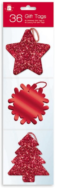 36 RED GLITTER / FOIL FINISH GIFT TAGS 3 DESIGN WITH THREAD. XAJGT200R 501004R \\\501004R