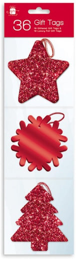 36 RED GLITTER / FOIL FINISH GIFT TAGS 3 DESIGN WITH THREAD. XAJGT200R 501004R \\\501004R