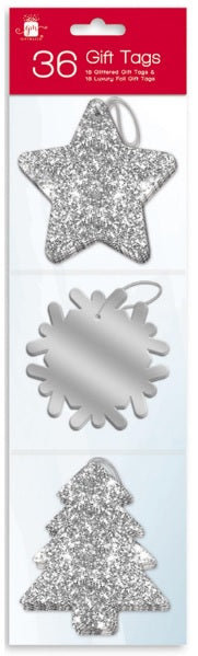 36 SILVER GLITTER / FOIL FINISH GIFT TAGS 3 DESIGN WITH THREAD. XAJGT200S PI501004S \\\501004S