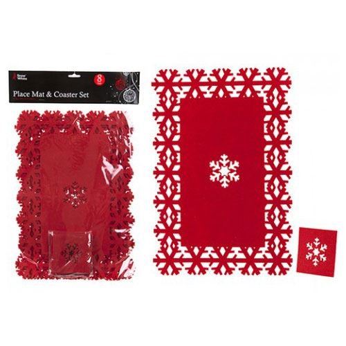 CHRISTMAS PLACE MATS AND COASTER SET SNOWFLAKE DINNER TABLE RED FELT MATS 8PC. PI505003 \\\505003