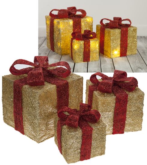SET OF 3 DECORATIVE PRE-LIT LED CHRISTMAS GIFT BOXES GOLD. PI511132 \\\511132