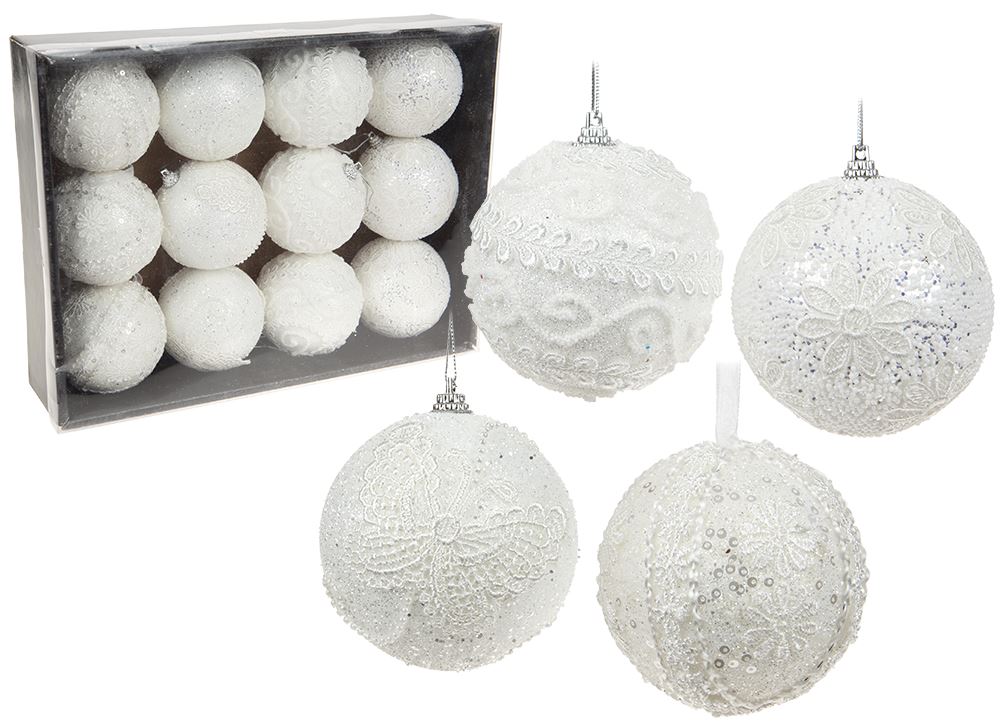 SET OF 12 WHITE CROCHET STYLE BAUBLES. 513228W \\\513228W