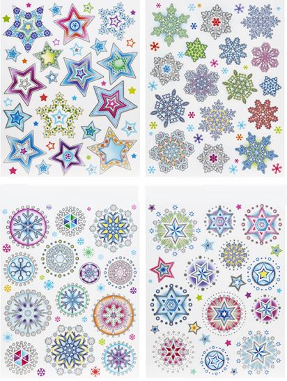 ASSORTED DESIGN COLOURS STAR AND SNOWFLAKE GLITTER WINDOW STICKERS. 524022 \\\524022
