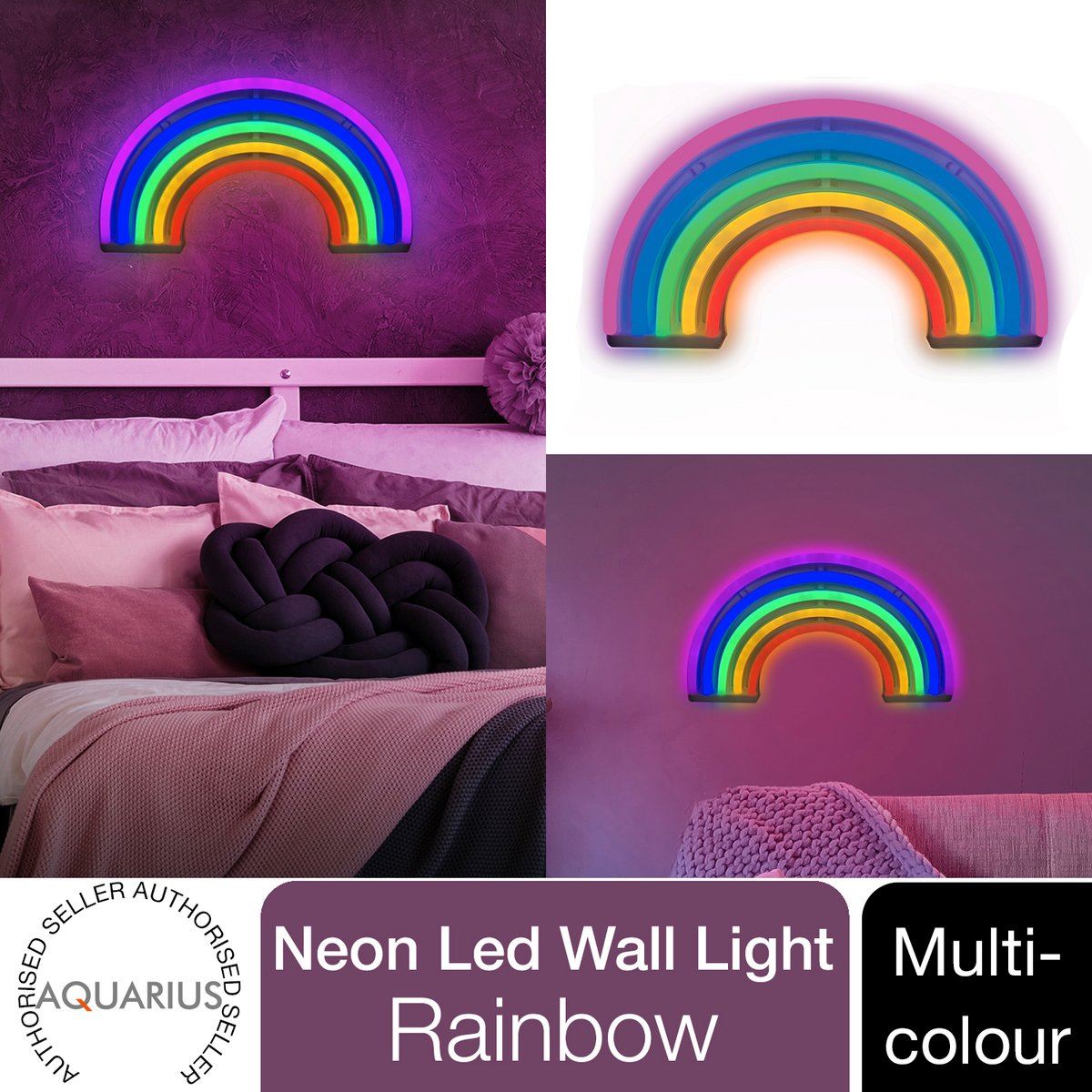 BATTERY OPERATED / USB POWERED NEON LED WALL LIGHT  30CM X 16CM- RAINBOW. AQN01