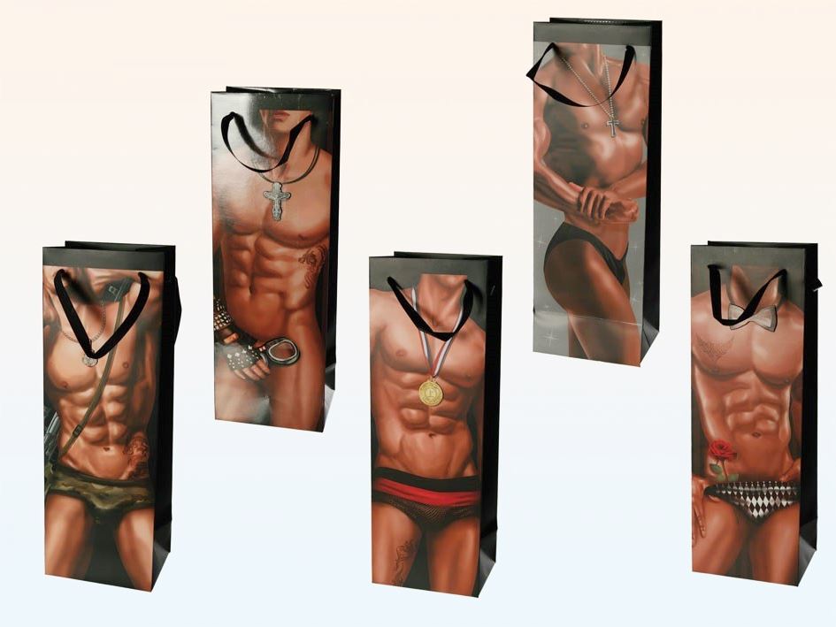 PACK OF 2 ASSORTED DESIGN WINE BOTTLE PAPER GIFT BAG SEXY BOY. 612456_2 \\\612456_2
