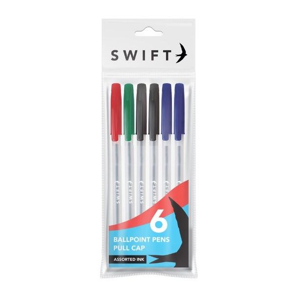 SWIFT PULL CAP BALLPOINT PENS 6/PK - ASSORTED COLOUR. P3100