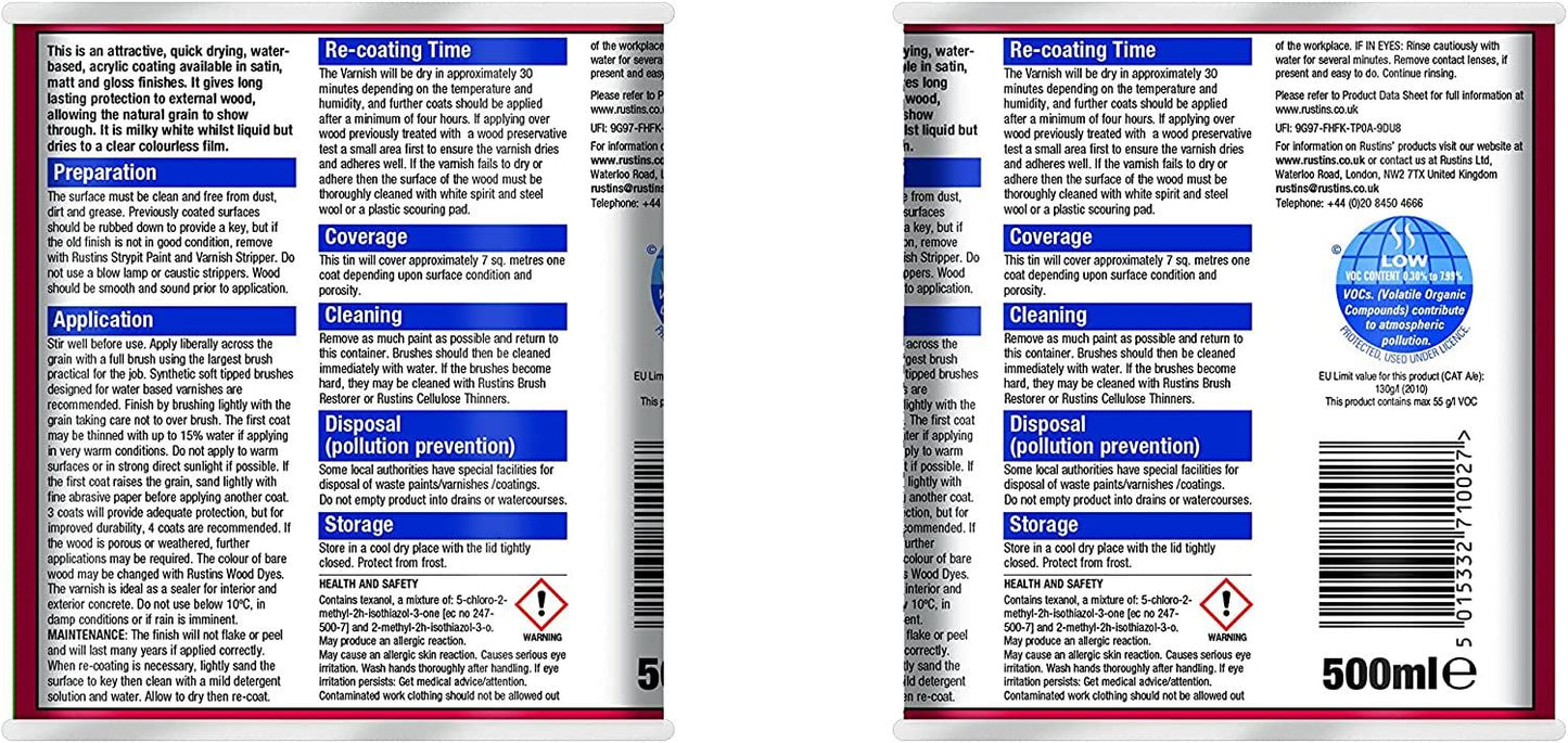 RUSTINS OUTDOOR CLEAR VARNISH GLOSS 500ML. EAVG500