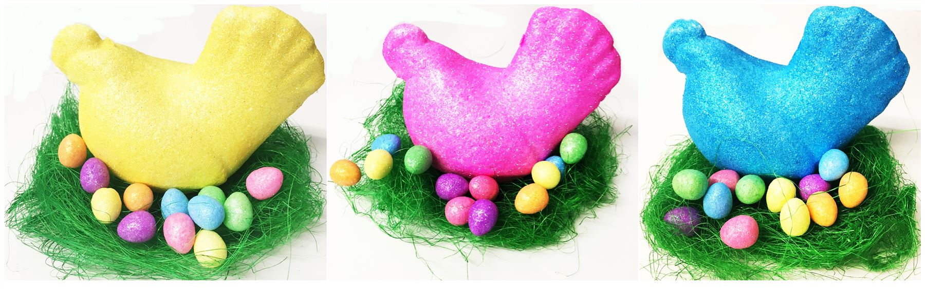 ASSORTED COLOUR EASTER DECORATION HEN WITH GRASS EGGS. 736064 \\\736064