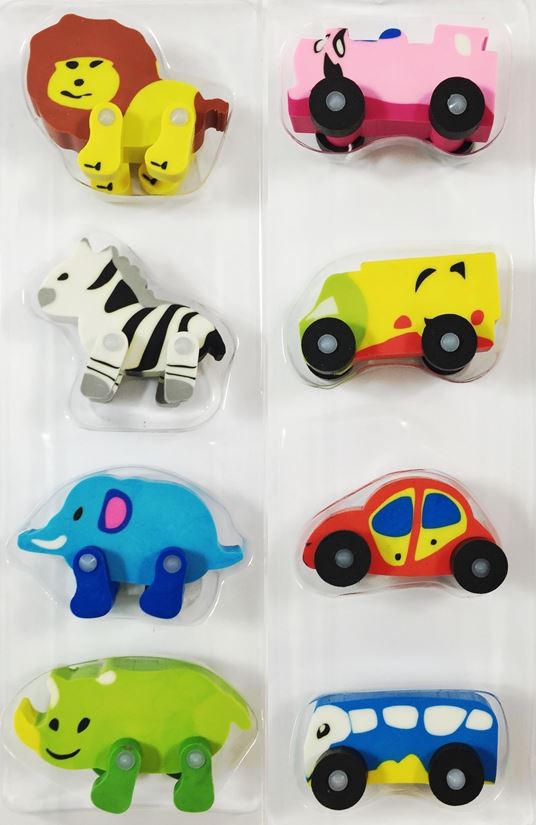 CUTE ANIMAL OR CAR VEHICLE ERASER SET ASSORTED SUPPLIED. 801738 \\\801738