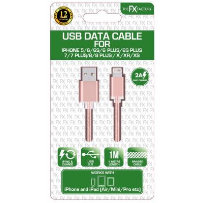 FX POWABUD BRAIDED USB DATA CABLE FOR IPHONE 6 7 8 X XS CARDED - ROSE GOLD. FXUIPH6RG