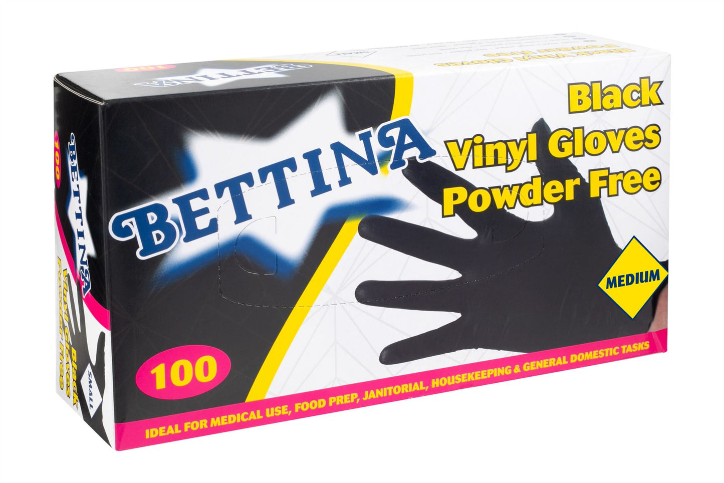 BETTINA BLACK POWDER FREE VINYL GLOVES 100/PK - SMALL. B411S