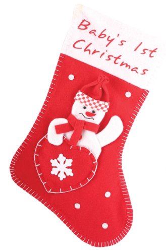RED BABYS 1ST FIRST CHRISTMAS / XMAS SANTA STOCKING 40CM X 26CM WITH SNOWMAN .... 9525R \\\9525R