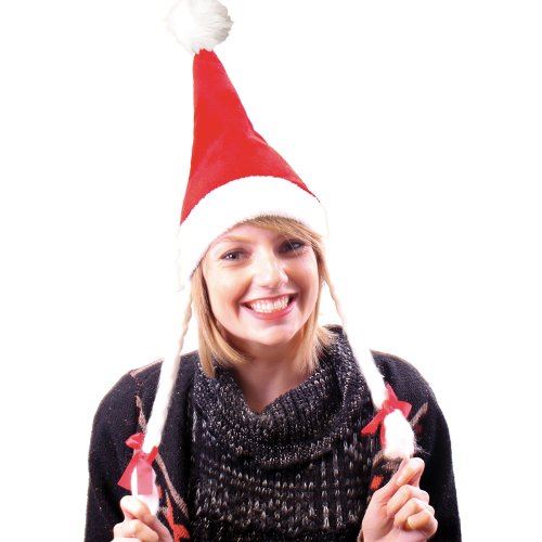 DELUXE CHRISTMAS XMAS VALVET SANTA HAT WITH WHITE PIGTAILS  ~  RED BOW. 9559 \\\9559