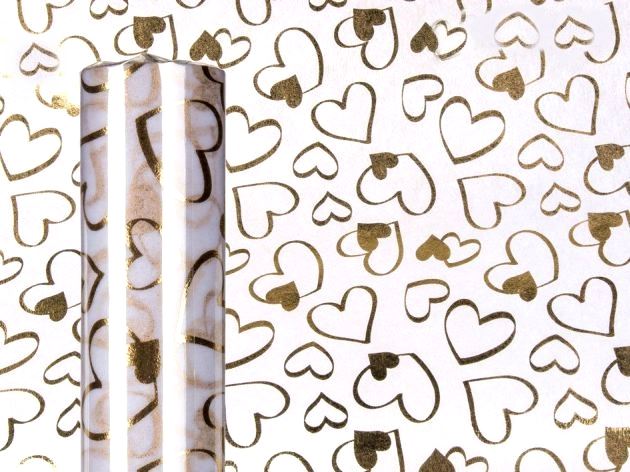 WHITE DECO FABRIC WITH GOLD HEARTS 5M. 960403 \\\960403