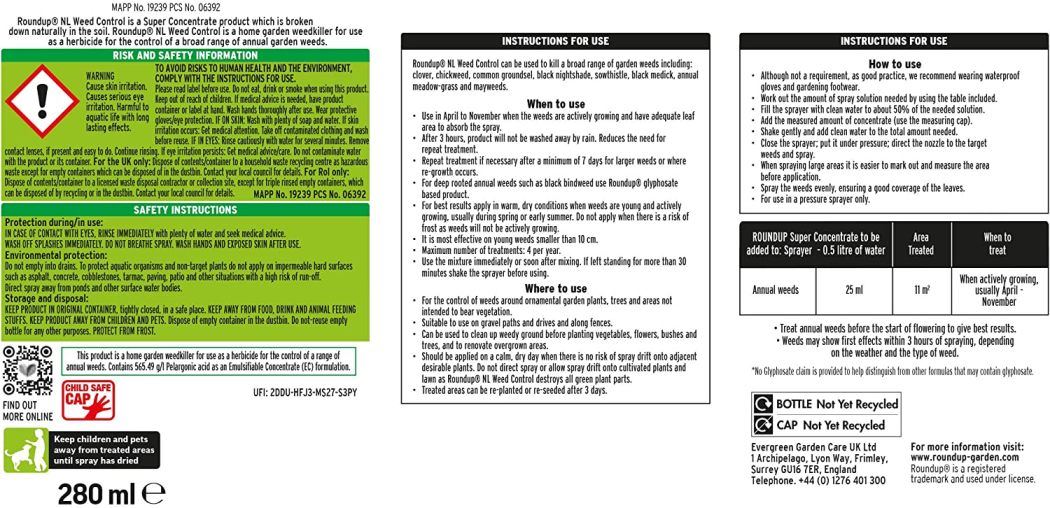 ROUNDUP NATURALS WEED KILLER CONCENTRATE GLYPHOSATE FREE 280ML. 119887