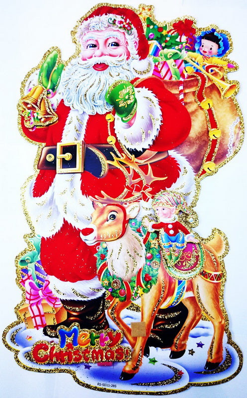 CHRISTMAS 3D GLITTER DECORATION PAPER XMAS ORNAMENTS SANTA CLAUS WITH ELF  ~  REINDEER DOUBLE SIDE. 9730SER \\\9730SER