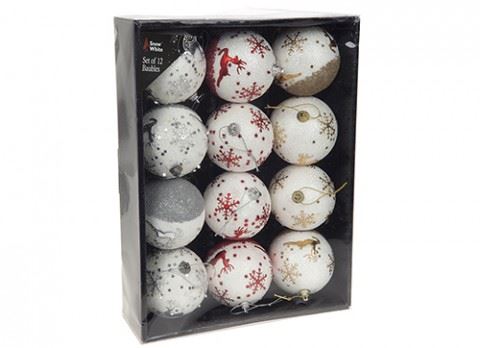 SET OF 12 REINDEER DESIGN 8CM BAUBLES RED GOLD SILVER. 513114