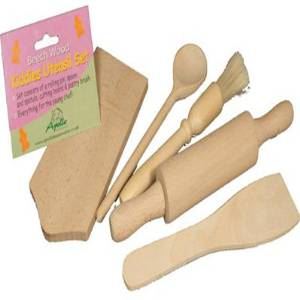 BEECHWOOD KIDDIES/ CHILDREN WOODEN UTENSIL SET SPOON SPATULA CUTTING BOARD BRUSH 10A11056. AP5020 \\\AP5020