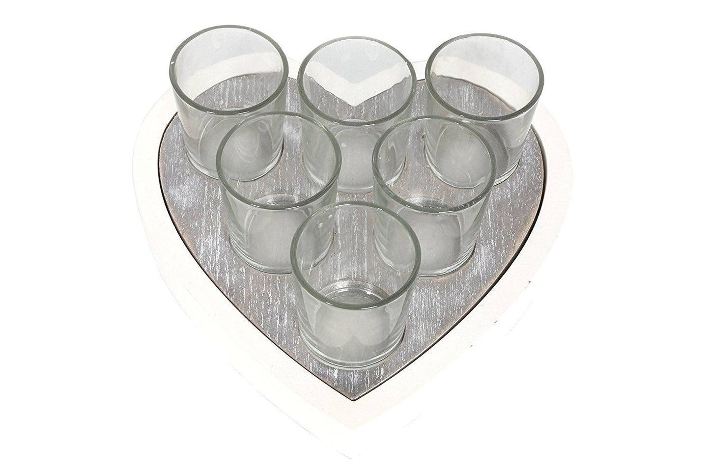 6 GLASS TEA LIGHT CANDLE HOLDER ON HEART SHAPE WOODEN TRAY PLATE. CH5501 \\\CH5501