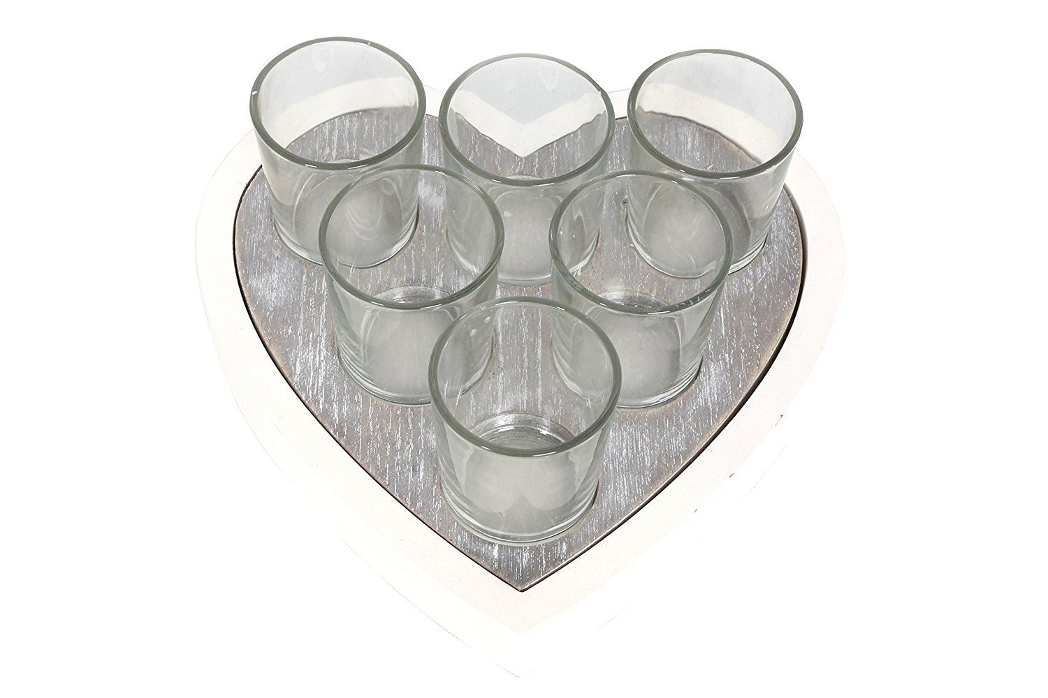 6 GLASS TEA LIGHT CANDLE HOLDER ON HEART SHAPE WOODEN TRAY PLATE. CH5501 \\\CH5501