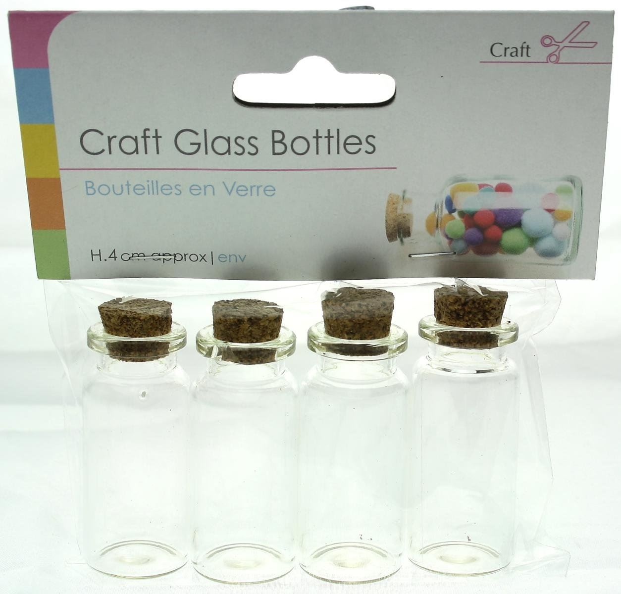 4 X 12.5ML MINIATURE CRAFT GLASS BOTTLES WITH CORK TOP. CR0026 \\\CR0026
