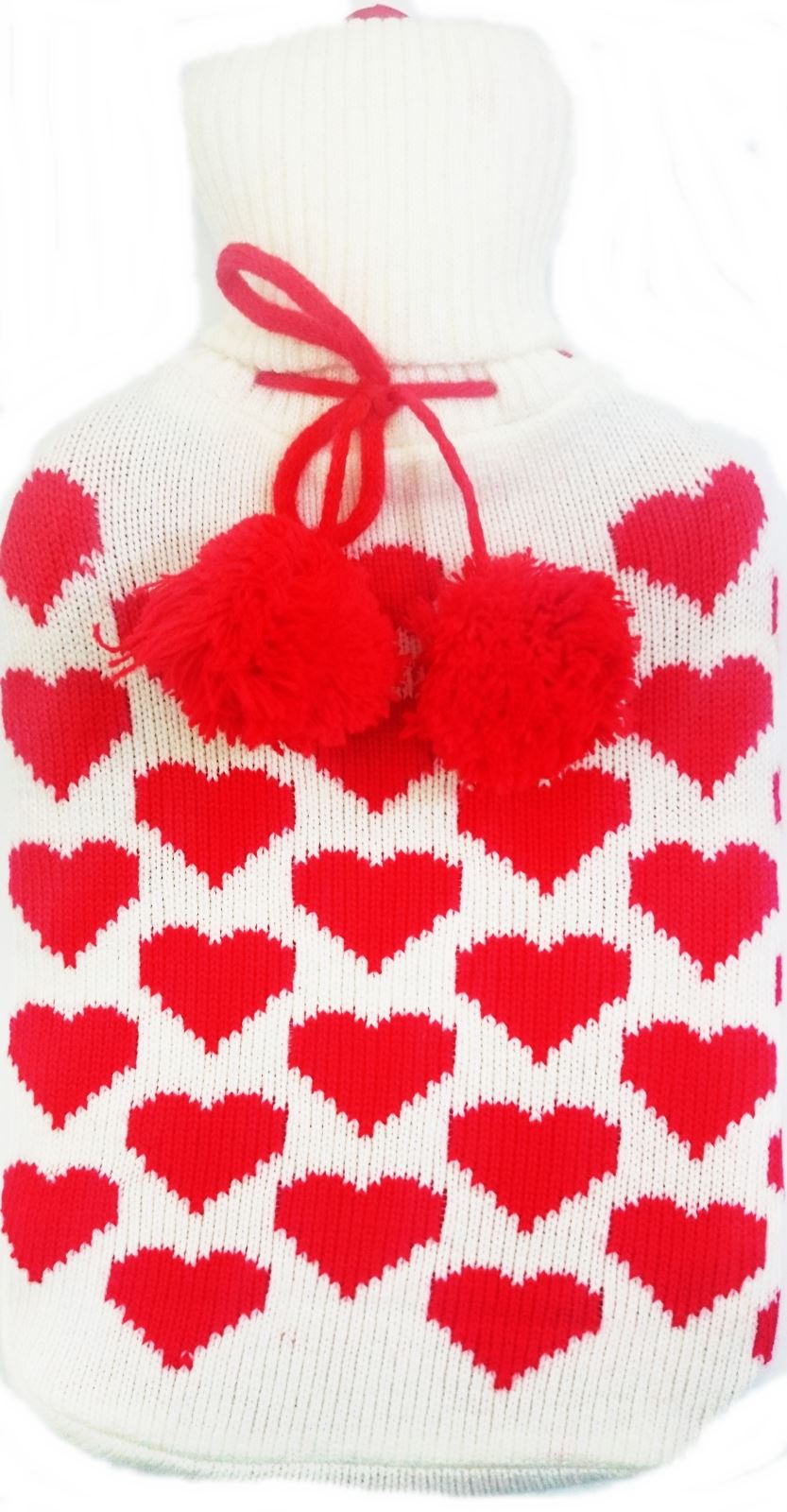 2 LITTER HOT WATER BOTTLE KNITTED COVER CREAM RED HEART WITH POM POM. DGI3164 \\\DGI3164