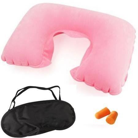 DELUXE TRAVEL SET 3 PIECES PINK NECK CUSHION EAR PLUGS  EYE MASK. K078239PINK \\\K078239PINK