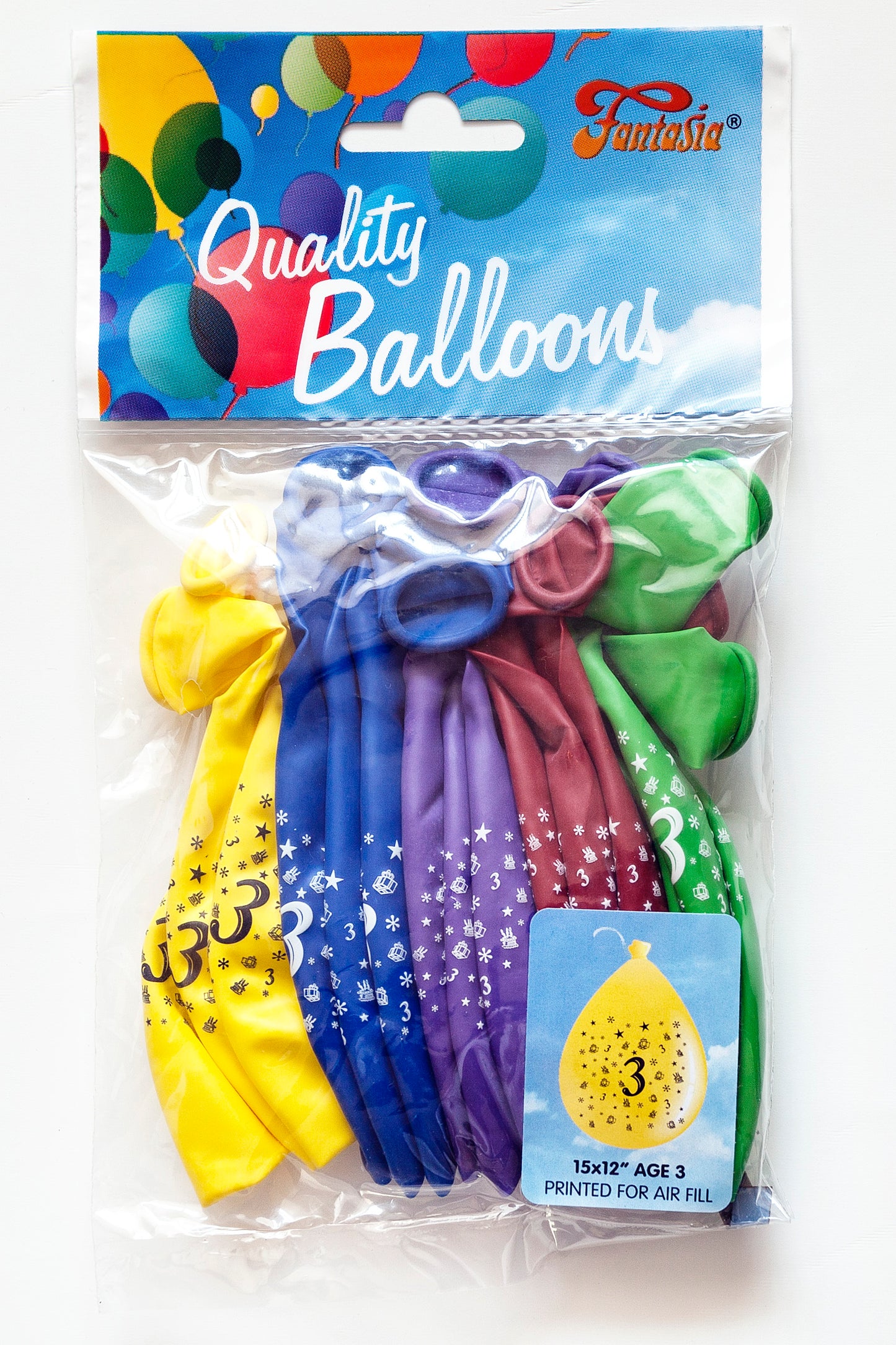 FANTASIA 12 INCH LATEX 3RD BIRTHDAY BALLOONS 15/PK. PB003 \\\KD00286