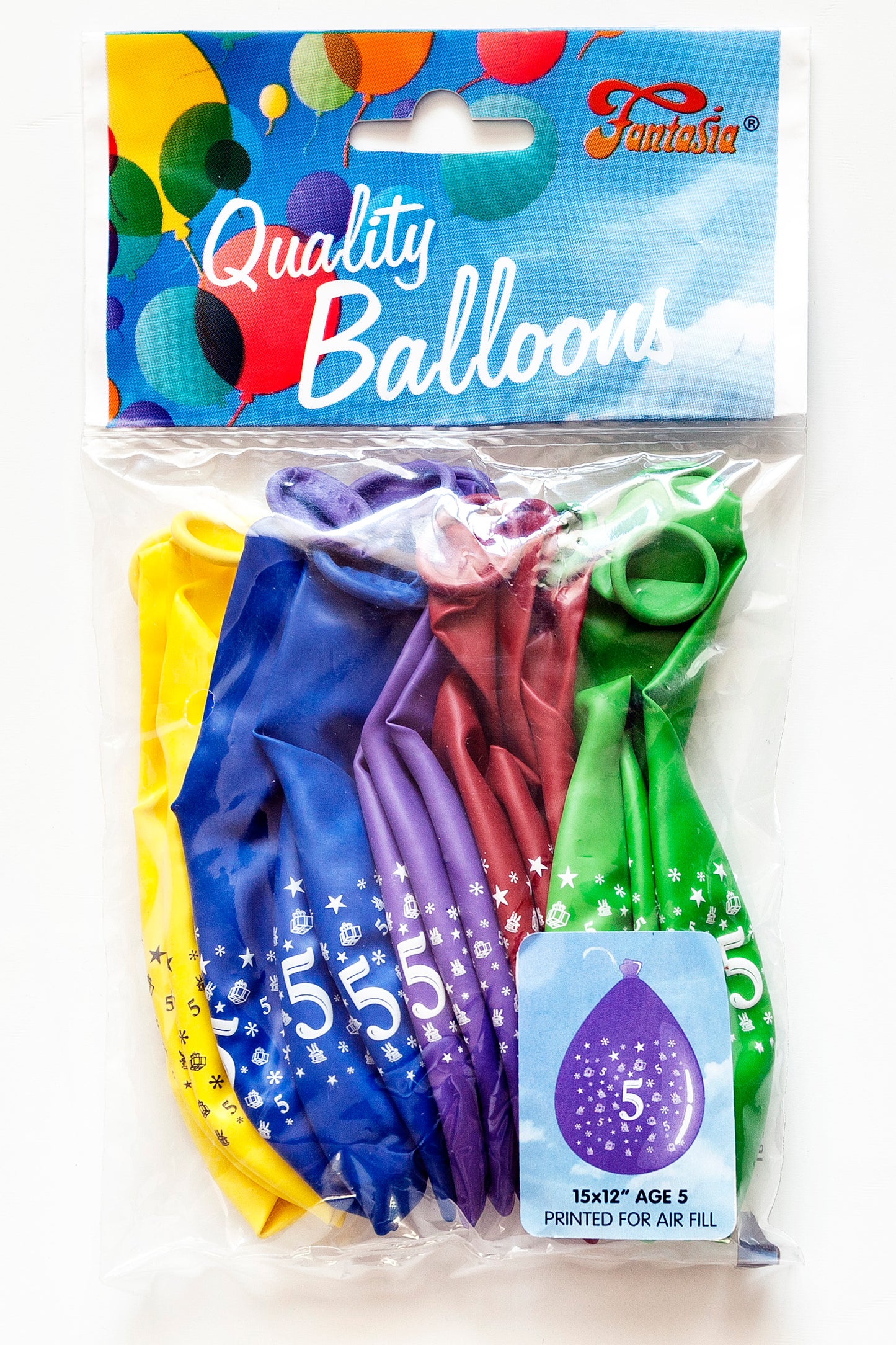FANTASIA 12 INCH LATEX 5TH BIRTHDAY BALLOONS 15/PK. PB005 \\\KD00288