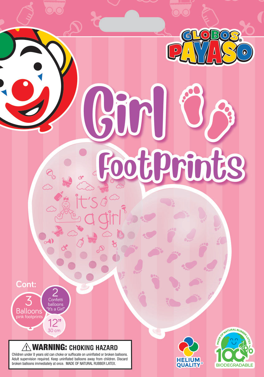 GLOBOS PAYASO GIRL FOOTPRINTS BABY SHOWER PARTY PINK BALLOONS 5/PK. CB06P \\\KD00323