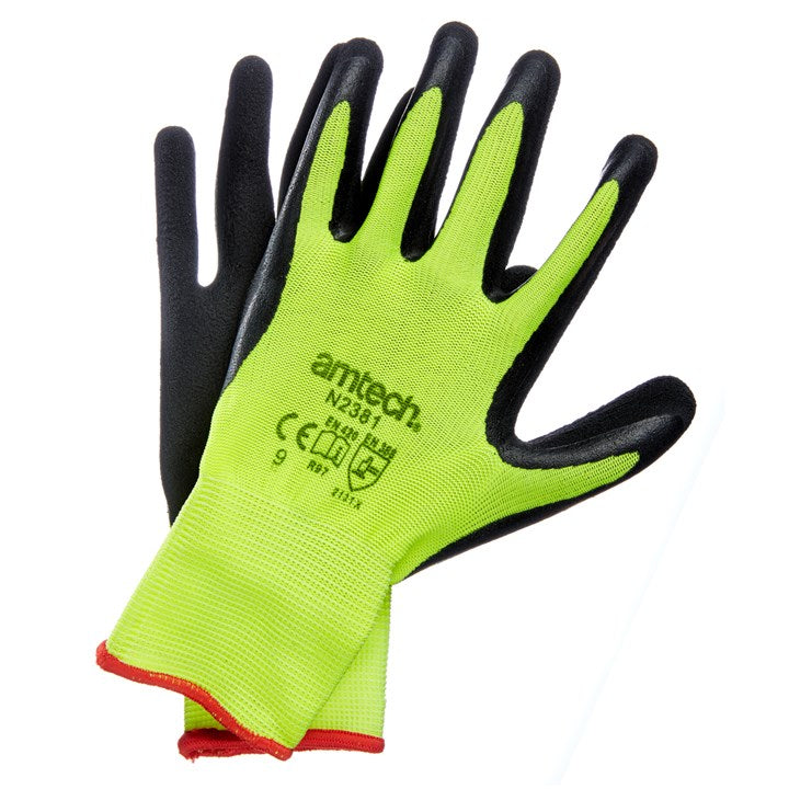 AMTECH HI-VIS LATEX COATED WORK GLOVES - LARGE (SIZE 9). AMN2381 \\\KD00658