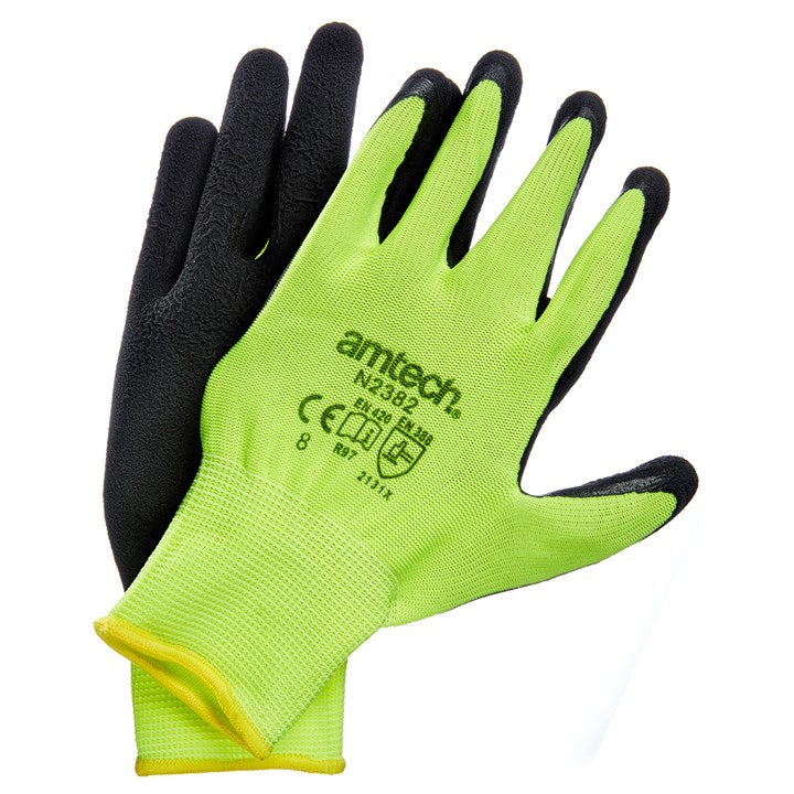 AMTECH HI-VIS LATEX COATED WORK GLOVES - MEDIUM (SIZE 8). AMN2382 \\\KD00659