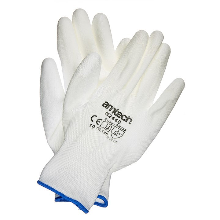 AM-TECH LIGHT DUTY PU COATED WORK GLOVES WHITE - XL (SIZE 10). AMN2440 \\\KD00664